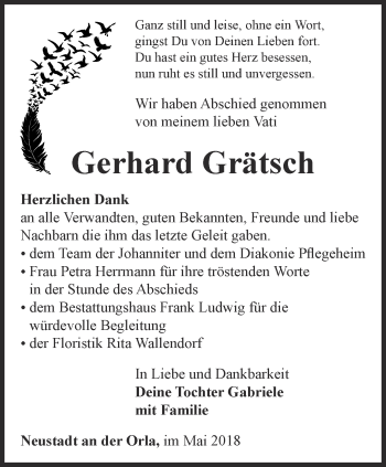 Traueranzeige von Gerhard Grätsch von Ostthüringer Zeitung