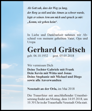 Traueranzeige von Gerhard Grätsch von Ostthüringer Zeitung