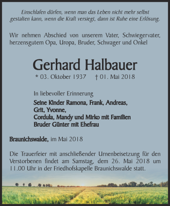 Traueranzeige von Gerhard Halbauer von Ostthüringer Zeitung
