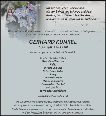 Traueranzeige von Gerhard Kunkel von Thüringer Allgemeine, Thüringische Landeszeitung