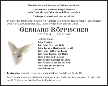 Traueranzeige von Gerhard Röppischer von Ostthüringer Zeitung