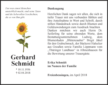 Traueranzeige von Gerhard Schmidt von Thüringer Allgemeine