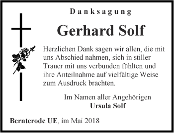 Traueranzeige von Gerhard Solf von Thüringer Allgemeine