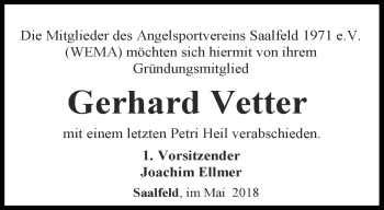 Traueranzeige von Gerhard Vetter von Ostthüringer Zeitung