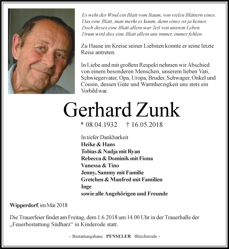  Traueranzeige für Gerhard Zunk vom 26.05.2018 aus Thüringer Allgemeine
