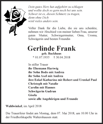 Traueranzeige von Gerlinde Frank von Ostthüringer Zeitung, Thüringische Landeszeitung