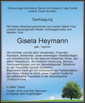 Traueranzeige von Gisela Heymann von Ostthüringer Zeitung, Thüringische Landeszeitung