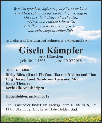 Traueranzeige von Gisela Kämpfer von Thüringer Allgemeine, Thüringische Landeszeitung