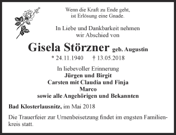 Traueranzeige von Gisela Störzner von Ostthüringer Zeitung