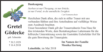 Traueranzeige von Gretel Gödecke von Thüringer Allgemeine