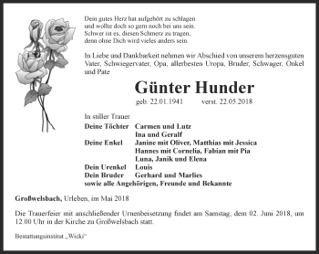 Traueranzeige von Günter Hunder von Thüringer Allgemeine, Thüringische Landeszeitung