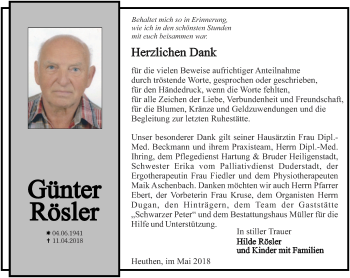 Traueranzeige von Günter Rösler von Thüringer Allgemeine