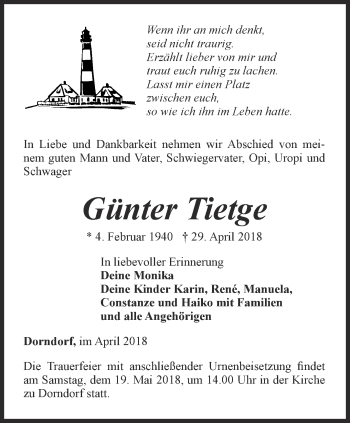 Traueranzeige von Günter Tietge von Ostthüringer Zeitung, Thüringische Landeszeitung