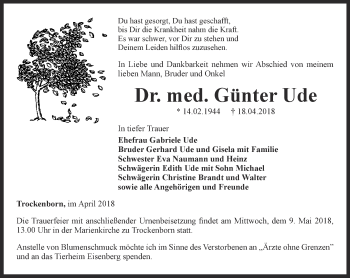 Traueranzeige von Günter Ude von Ostthüringer Zeitung, Thüringische Landeszeitung