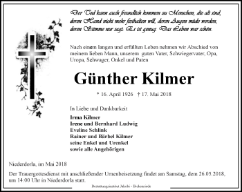 Traueranzeige von Günther Kilmer von Thüringer Allgemeine, Thüringische Landeszeitung