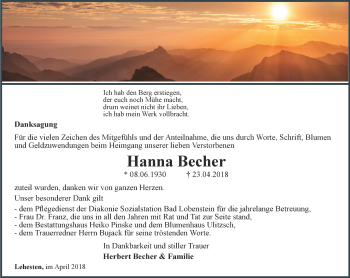 Traueranzeige von Hanna Becher von Ostthüringer Zeitung