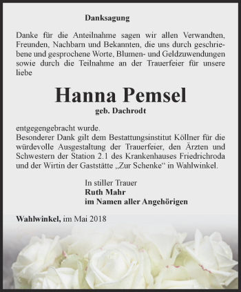 Traueranzeige von Hanna Pemsel von Ostthüringer Zeitung, Thüringische Landeszeitung