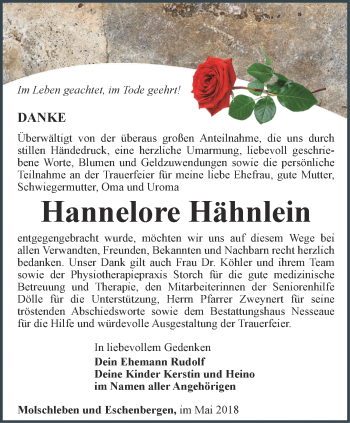 Traueranzeige von Hannelore Hähnlein von Ostthüringer Zeitung, Thüringische Landeszeitung