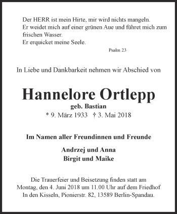 Traueranzeige von Hannelore Ortlepp von Thüringer Allgemeine, Thüringische Landeszeitung