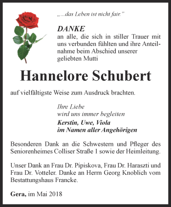 Traueranzeige von Hannelore Schubert von Ostthüringer Zeitung