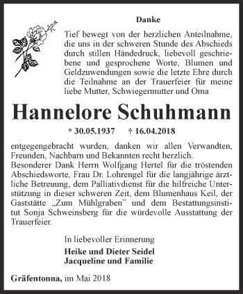 Traueranzeige von Hannelore Schuhmann von Thüringer Allgemeine, Thüringische Landeszeitung