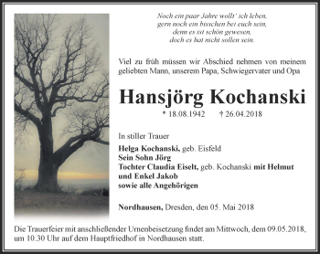 Traueranzeige von Hansjörg Kochanski von Thüringer Allgemeine