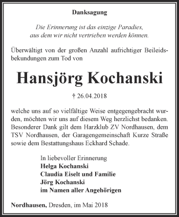 Traueranzeige von Hansjörg Kochanski von Thüringer Allgemeine