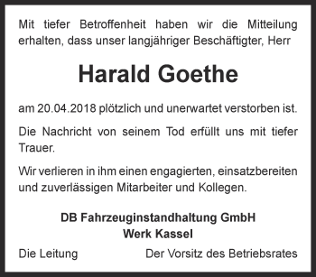Traueranzeige von Harald Goethe von Thüringer Allgemeine, Thüringische Landeszeitung