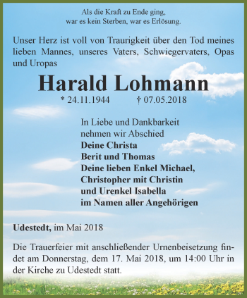 Traueranzeige von Harald Lohmann von Thüringer Allgemeine, Thüringische Landeszeitung