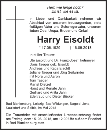 Traueranzeige von Harry Eisoldt von Ostthüringer Zeitung