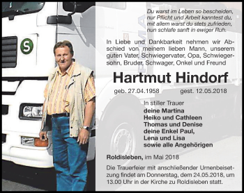 Traueranzeige von Hartmut Hindorf von Thüringer Allgemeine