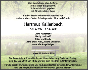 Traueranzeige von Hartmut Kallenbach von Thüringer Allgemeine, Thüringische Landeszeitung