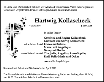 Traueranzeige von Hartwig Kollascheck von Thüringer Allgemeine, Thüringische Landeszeitung