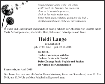 Traueranzeige von Heidi Lange von Thüringer Allgemeine