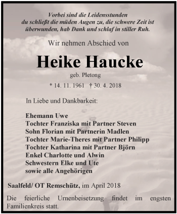 Traueranzeige von Heike Haucke von Ostthüringer Zeitung