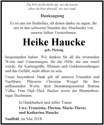 Traueranzeige von Heike Haucke von Ostthüringer Zeitung