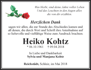 Traueranzeige von Heiko Kohtz von Ostthüringer Zeitung