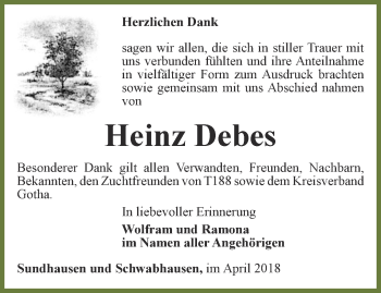 Traueranzeige von Heinz Debes von Ostthüringer Zeitung, Thüringische Landeszeitung