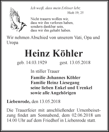 Traueranzeige von Heinz Köhler von Thüringer Allgemeine