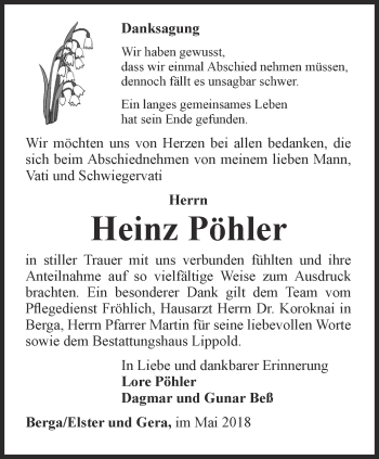 Traueranzeige von Heinz Pöhler von Ostthüringer Zeitung