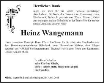 Traueranzeige von Heinz Wangemann von Thüringer Allgemeine, Thüringische Landeszeitung