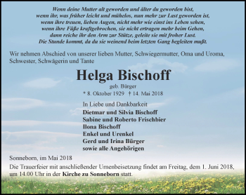 Traueranzeige von Helga Bischoff von Ostthüringer Zeitung, Thüringische Landeszeitung