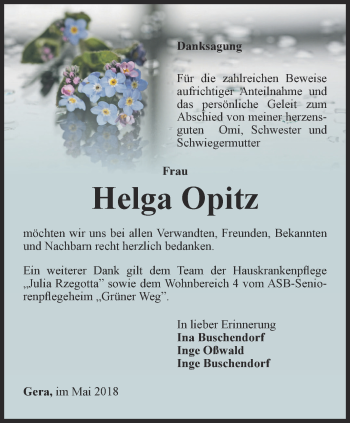 Traueranzeige von Helga Opitz von Ostthüringer Zeitung