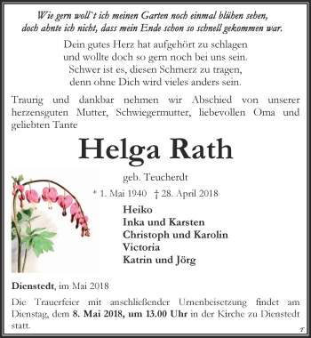 Traueranzeige von Helga Rath von Thüringer Allgemeine