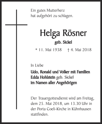 Traueranzeige von Helga Rösner von Thüringer Allgemeine, Thüringische Landeszeitung