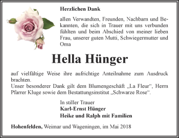 Traueranzeige von Hella Hünger von Thüringer Allgemeine, Thüringische Landeszeitung