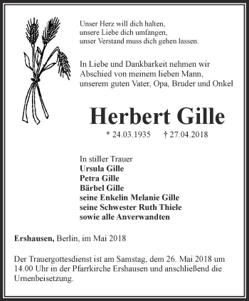 Traueranzeige von Herbert Gille von Thüringer Allgemeine