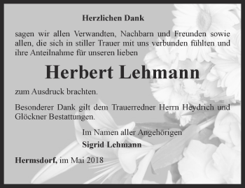 Traueranzeige von Herbert Lehmann von Ostthüringer Zeitung