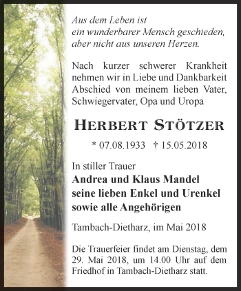 Traueranzeige von Herbert Stötzer von Ostthüringer Zeitung, Thüringische Landeszeitung