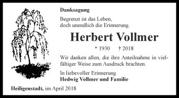 Traueranzeige von Herbert Vollmer von Thüringer Allgemeine